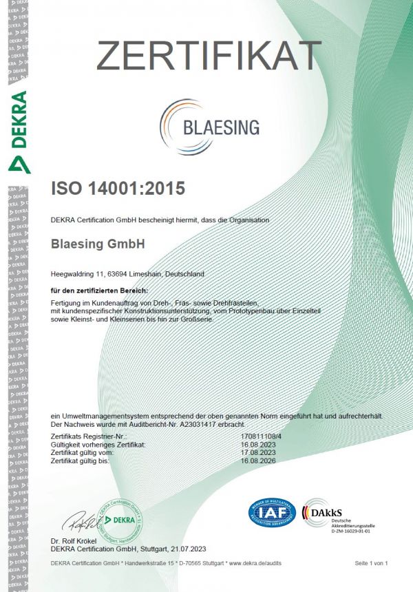 Zertifikat ISO14001 2015 Dekra Blaesing CNC GmbH in Limeshain