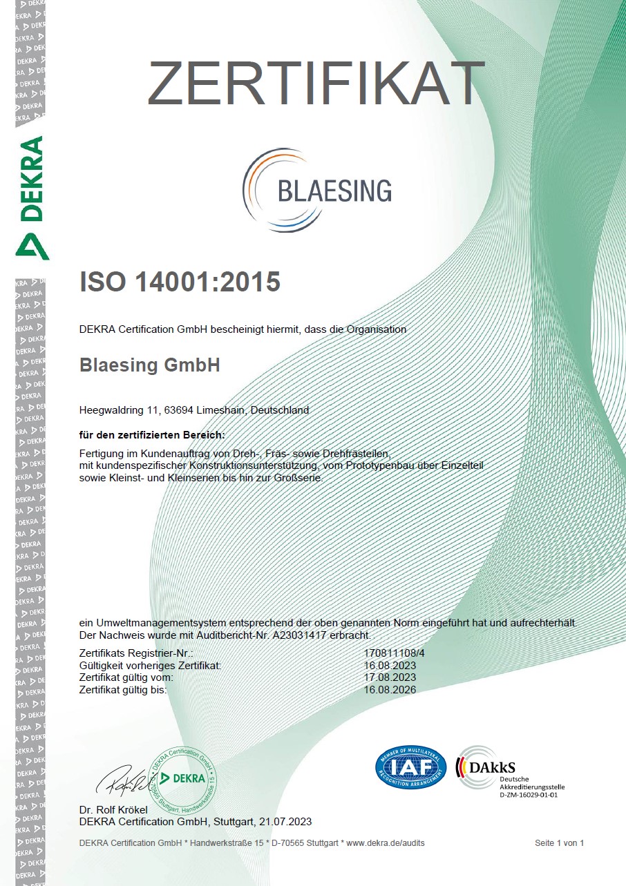 Blaesing GmbH - Zertifikat - ISO 14001:2015 Dekra